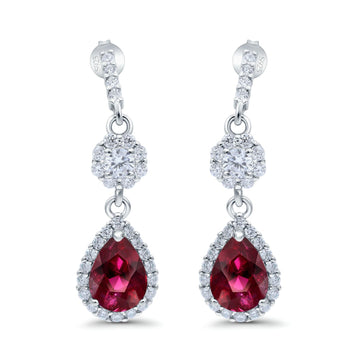 Halo Dangle & Drop Earrings Pear Simulated Ruby CZ 925 Sterling Silver